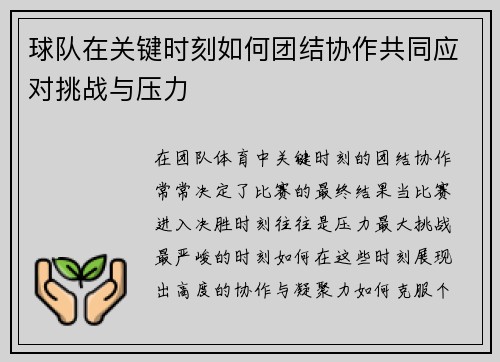 球队在关键时刻如何团结协作共同应对挑战与压力